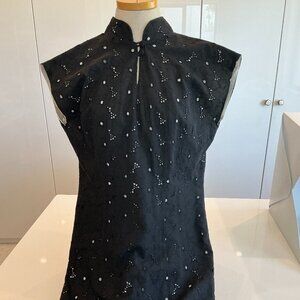 Pamela Barish, Vintage Mandarin Collar Eyelet Dress, Black, Size Extra Small